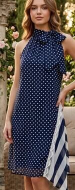 Ryu Navy Polka Dot Halter Dress with Neck Bow